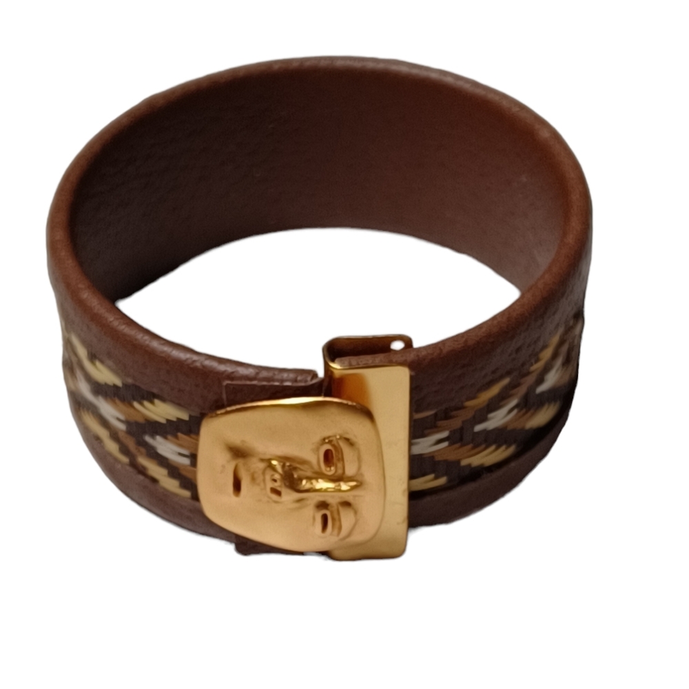 LEATHER GOLD TONE FACE CUFF BRACELET